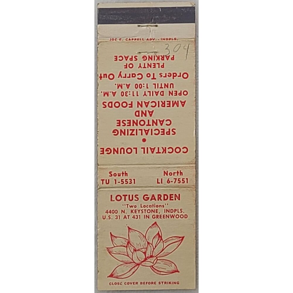 Vintage Matchbook Cover Lotus Garden Restaurant Indianapolis IN Indiana